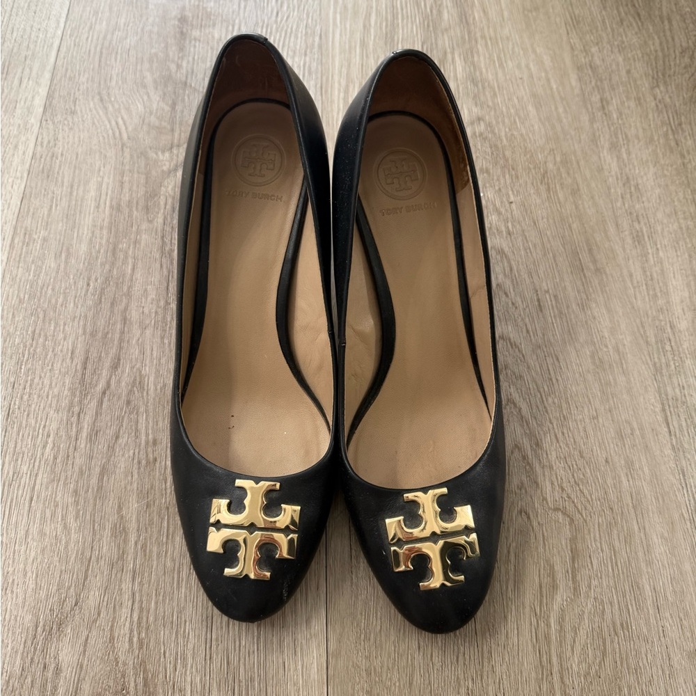 Tory Burch Black Heels with Gold Logo. ***run one size small!